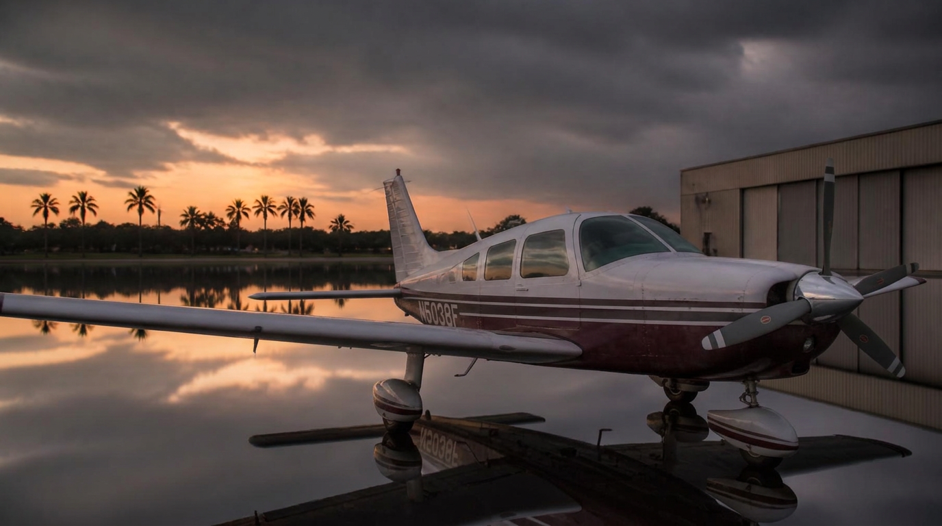 Piper PA-28 Cherokee parked on a wet ramp at dusk